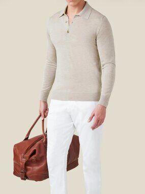 Luca Faloni Silk Cashmere Knitted Polo Size S Oatmeal